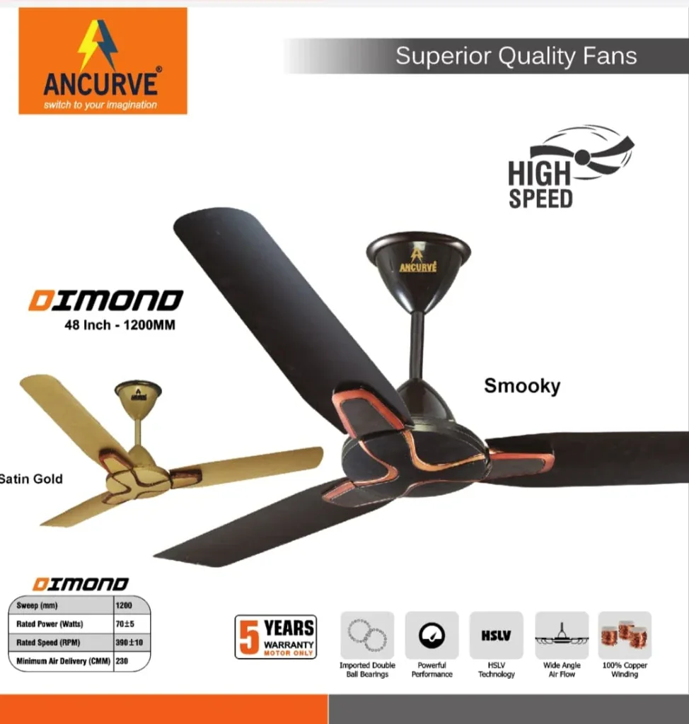 ANCURVE Dimond 48 Inch High Speed Ceiling Fans in Satin Gold and Smooky